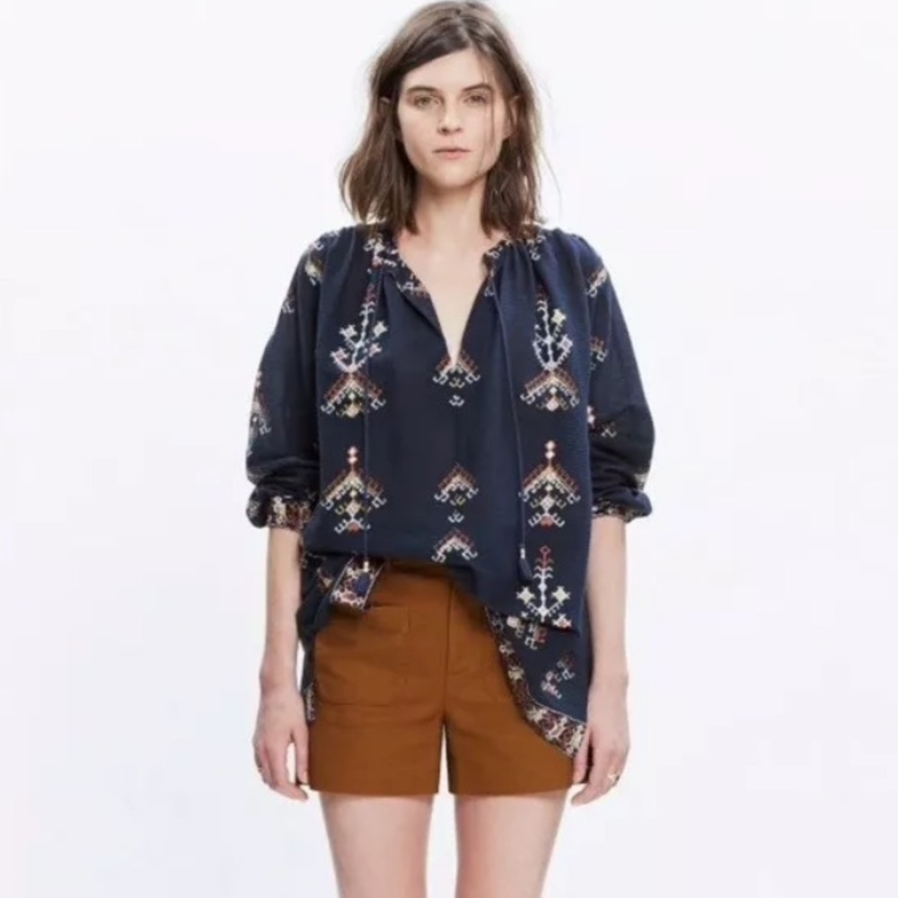 MADEWELL BLUE MARTA FOLKSTITCH POPOVER TOP COTTON BOHO PEASANT BLOUSE Size XXS